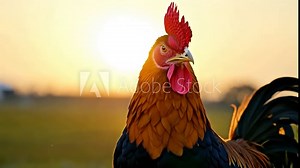 A colorful rooster stands proudly in a rural area at sunrise, its feathers shining as it crows, embodying a new day's essence amidst tranquil surroundings.