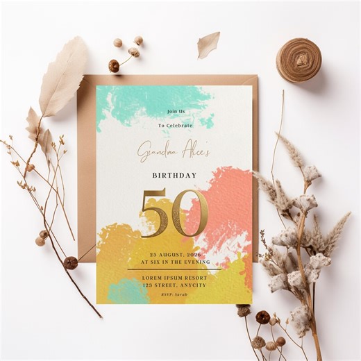 50th Birthday Invitation Template, Colorful Abstract Canva Invite (5x7 & Mobile) - Etsy
