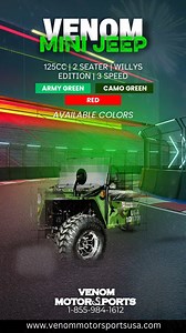 Looks classic. Rides wild. 💥 Say hello to the Venom Mini Jeep | Willys Edition. ✅ FREE SHIPPING! ✅ 125cc engine ✅ 3-speed semi-auto with reverse ✅ 2-seater fun for adults or teens Whether you're an off-road enthusiast, a mini jeep collector, or just want something fun to ride with the fam — this one checks all the boxes. Check out here: https://www.venommotorsportsusa.com/products/coolster-125cc-mini-jeep-willys-edition-3-speed #VenomMotorsports #MiniJeepUSA #WillysMiniJeep #FamilyFunRides #Off