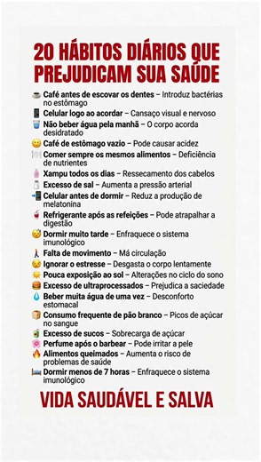 ⚠️ 20 HÁBITOS DIÁRIOS QUE PODEM PREJUDICAR SUA SAÚDE ⚠️