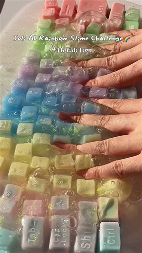 Joli.Mochichi on Instagram: "JOLI AI Rainbow Slime Challenge 🌈 Edition 4 Soft sticky keyboard made with glue squishy, then flooded with water slime and crunchy wax… the sounds are unreal 🤍⌨️💧 #aislime #RainbowSlime #SlimeChallenge #ASMRSlime #SlimeASMR #KeyboardASMR #GlueSquishy #WaterSlime #CrunchyWax #SatisfyingSounds #SlimeMixing #SensoryPlay"
