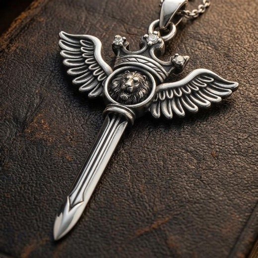 Sterling Silver Knight Sword Pendant Necklace, Lion Crown Wings, Medieval Jewelry - Etsy