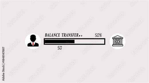 Balance transfer interface animation showing user to bank transaction progress with loading bar, financial data flow, digital payment process and modern fintech UI design