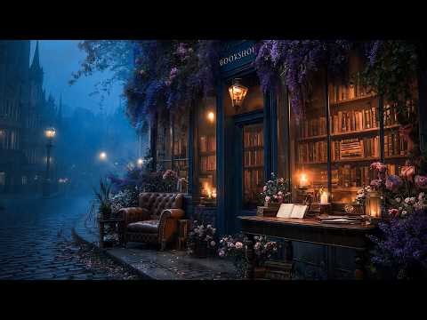 Foggy Bookstore Ambience with Sudden Rain & Cozy Lights | Gentle Piano & Violin | Dark Academia