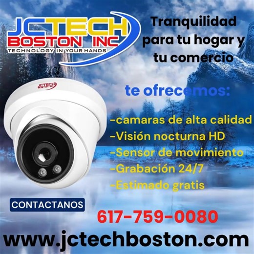 Vigilancia inteligente de nueva generación 💥 En JC TECH BOSTON INC. elevamos tu seguridad a un alto nivel 📈. Disfruta de tecnología de vanguardia con: ✔️ Cámaras de alta calidad ✔️ Visión nocturna ✔️ Monitoreo remoto desde cualquier lugar ✔️ Grabación constante 24/7 📲 Contáctanos para cotizar y resolver cualquier duda que tengas. Tu seguridad es nuestra prioridad. WhatsApp: 🟢 (617) 759-0080 | JC Tech Boston Inc
