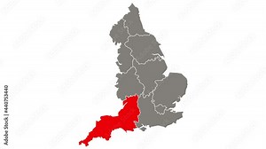 South West England region blinking red highlighted in map of England UK