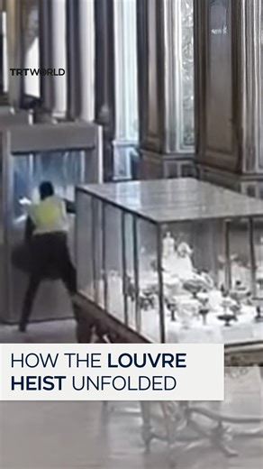Surveillance footage aired by French broadcasters shows how a major jewellery heist unfolded inside Paris’s Louvre Museum on 19 October. Two suspects are seen smashing display cases with a grinder and their fists, while security guards appeared hesitant to intervene. Nine pieces of jewellery worth €88 million were stolen within minutes. All four suspects were arrested days later, but the stolen items were not recovered. | TRT World