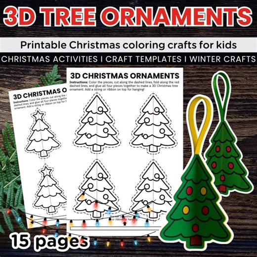 3D Christmas Tree Ornament Craft Templates, DIY Coloring & Tree Decorations