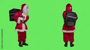Person in red costume with backpack delivering food during christmas eve holiday, full body greenscreen. Santa claus character advertising december holiday celebration, deliveryman.