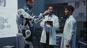 In Robotics Development Laboratory: Engineers and Scientists Work on a Bionics Exoskeleton Prototype with Person Testing it. Designing Wearable Exosuit to Help Disabled People. Slow Motion