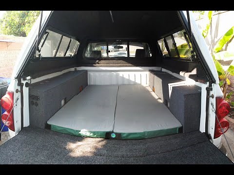 Self-built pickup truck camper shell carpet kit with storage and power