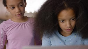 Young sisters at home playing on a laptop
