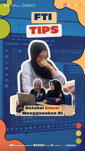 Fakultas Teknologi Industri on Instagram: "FTI TIPS! 😎 “Deteksi Emosi menggunakan AI” Hi guys, kali ini FTI Tips bareng prodi @informatika_uad mau sharing cara bikin AI yang simpel tapi keren: deteksi emosi dari wajah (happy, sad, angry, dll) pake Python. Kalian bisa coba sendiri di Google Colab—tinggal buka, copy–paste, jalanin!🤖✨ Link Colab: https://bit.ly/3Mn90R8 Cara bikin project di Google Drive (Colab kalian): 1. Buka link Colab di atas 2. Klik File → Save a copy in Drive (biar tersimpan