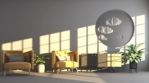 concept d'intérieur de design memphis, fauteuil et canapé en tissu jaune et vert entourés d'une plante verte sur une fenêtre à cadre noir et d'un mur jaune et vert et rendu 3d de la lumière du soleil