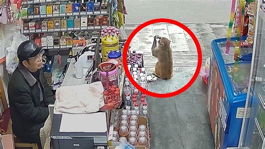 Sneaky monkey slips into shop and walks off with stolen drinks