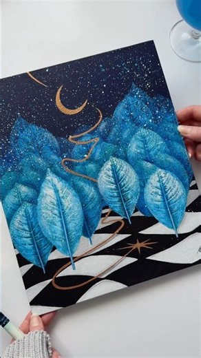 The Moon and the Star / Night landscape painting / Botanical art / Leaf impressions painting