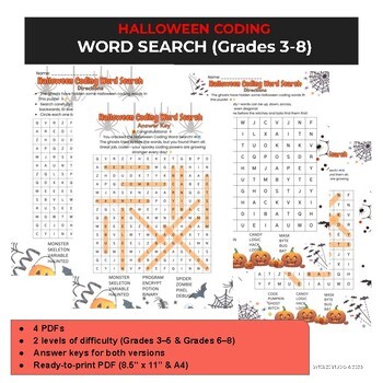 Halloween Coding Word Search | STEM Puzzle Activity for Grades 3–8 with Answer K