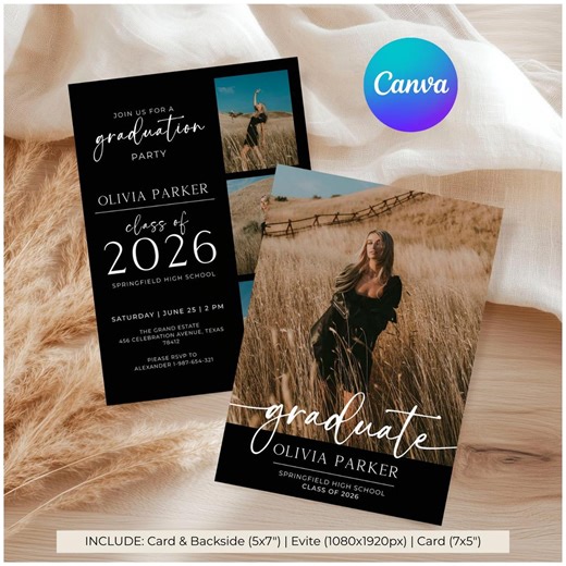 Black Modern Graduation Announcement Template, Photo Collage Grad Invite, Mobile Evite & 5x7 Card, Editable Canva - Etsy