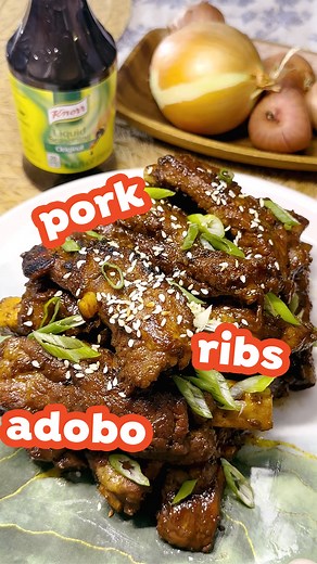 These pork ribs adobo are fall-apart tender with that perfect salty, tangy, savory balance. And once you add Knorr Liquid Seasoning, you won't need any extra salt! ➡️ Ingredients: 1.5 lbs Pork Ribs, cut into serving pieces 1 medium Onion, quartered 4–6 cloves Garlic, minced 1/2 cup Soy Sauce 1/4 cup White Vinegar 1/4 cup Knorr Liquid Seasoning 2 tablespoons Sugar 1 teaspoon Black Peppercorns, crushed 2 Bay Leaves 2 cups Water 2 tablespoons Cooking Oil | Cook With Knorr | Facebook