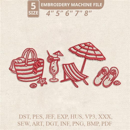 Summer Beach Day Embroidery Design, Cocktail, Beach Chair, Flip Flops (digital File) - Etsy