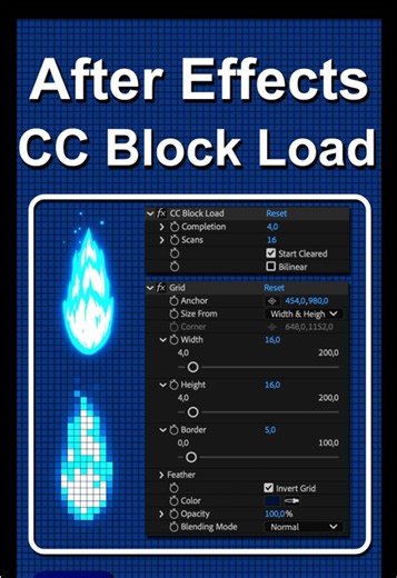 CC Block Load effect imitates pixel art . It is nice to use with a Grid effect #aftereffects #ae #videoeffects #tutorialsaftereffects #motiongraphics #2D #motion #lessons #tips #motivation #graphicdesign #adobe #pixelart #vfx