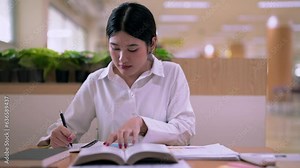 Young Asian Female student college do homework and reading a book for final exam at library, education concept.