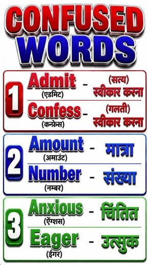 Confused Words in English 🔥 Admit vs Confess | Amount vs Number | #shorts
