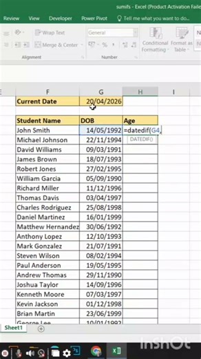 How to find date of birth using Datedif formula in excel. #excel #shorts #viral