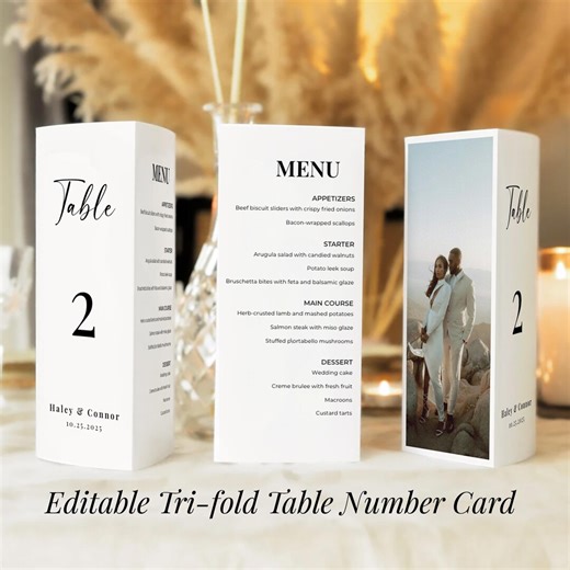 Editable Tri-fold Table Number & Menu Card Template | Wedding Table Sign Canva Template | Modern Reception Decor | Printable Table Numbers - Etsy