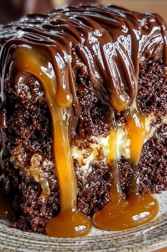Decadent and irresistible, this chocolate caramel cake slice is dripping with golden caramel sauce and luscious chocolate ganache for the ultimate sweet indulgence. #ChocolateCake #CaramelLovers #DessertGoals | Daily Living