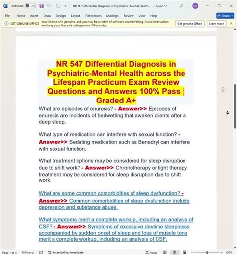 NR 547 Differential Diagnosis in Psychiatric Mental Health across the Lifespan Practicum Exam Review