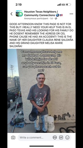 My dad had an aneurysm. The last time I spoke to my dad was in 2020 he was still married, but his wife left him for dead after they had another accident if anyone sees him on the streets of El Paso Texas he’s looking for me. Please reach out to me. I would appreciate it from the bottom of my heart. He looks so confused and tired and worn out I called the police department, but there’s nothing they can do at the moment or they don’t want to #e#elpasoe#elpasotxd#dadm#missingpersonm#missingt#tictok