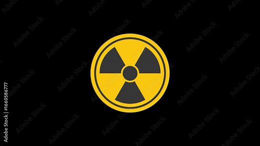 Radiation hazard warning sign animation with alpha channel. Yellow and black nuclear danger symbol isolated on transparent background. Safety toxic alert icon loop for science, industry