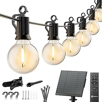 Brightown 75FT Solar String Lights Outdoor Waterproof with Remote, Solar Patio Lights with 35 Shatterproof LED Bulbs, 3 Light Mode, Dimmable & Timer, Hanging String Lights for Porch Garden Bistro