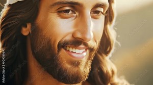 An image depiction of Jesus with long hair and a beard, bathed in warm golden light. His pleasant expression invites viewers to share in the calm moment.