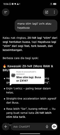 Replying to @anaszuhaidi Kawasaki ZX14 vs Suzuki Hayabusa. ada peminat tersendiri. ikut citarasa anda bagaimana.. #chatgpt #hayabusa #zx14r #suzuki #kawasakininja