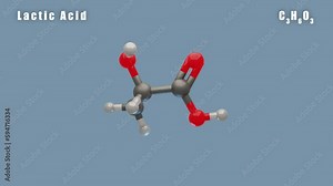 Lactic Acid of C3H6O3 3D Conformer animated render. Food additive E270 Isolated background and alpha layer, seamless loop.