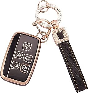 EKALA for Land Rover Key Fob Cover, 5 Buttons Soft TPU Key Fob Protector with Leather Keychain Fit for Land Rover LR4 Range Rover Sport Evoque Jaguar XF XJ XJL F-pace Smart Key Fob Case (BP-Rov)