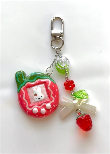 Strawberry Miffy Tamagotchi Keychain – Kawaii Polymer Clay Beaded Charm - Etsy