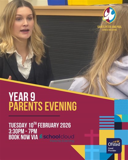 ⏰ YEAR 9 PARENTS' EVENING BOOKING NOW OPEN 📆 All Year 9 parents & carers are invited to join us to discuss your child's progress before they make the move to Key Stage 4 in September: 📅 Tuesday 10th February 2026 ⏰3:30pm - 7pm 📍Saints Peter and Paul Catholic High School 📱💻 Book your appointment slots now via School Cloud or visit the Saints Peter and Paul website for more information 📞 If you're struggling to book, please send us a message via ClassCharts or telephone 0151 424 2139 for hel