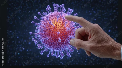 A detailed depiction of a virus model with a human finger interacting with it.