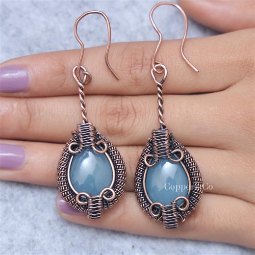 Aquamarine Earrings - Copper Wire Wrapped Earrings - Boho Handmade Earring - Natural Gemstone Jewellery - Etsy