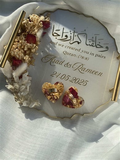 Part 2: Process of Making a Red and Gold Themed Personalised Ring Tray ✨ Fully customisable. Available in different sizes. Tray size: 26x26 CM #islamicart #couplegift #weddinginspo #weddinggift #resin