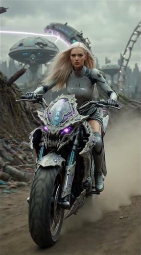 Android driving her sci-fi motorcycle through time and space | #android #motorcycle #future #scifi