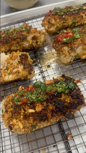 Fresh Peanut Crusted Cod With Sweet Chilli Sauce, made from Scratch Dirty Rice and sautéed fresh