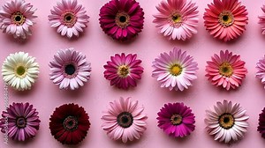 A row of pink and purple gerber daisies on a pink background