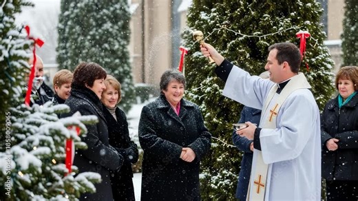 Priest blessing women with holy water during an outdoor religious ceremony on Epiphany, winter celebration concept.