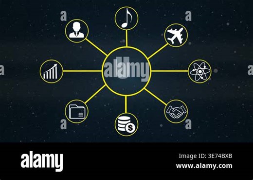 Futuristic ui data format concept with glowing blue interface elements, showcasing user, target, growth, speaker, settings, and idea icons on a Business digital background Stock Video Footage - Alamy