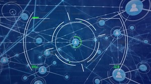 Animation of network of connections with icons and scope scanning over data processing. global connections and data processing concept digitally generated video.
