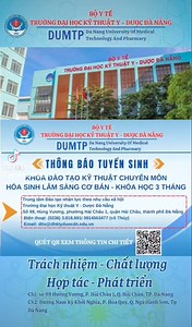 👉Trường Đại học Kỹ thuật Y - Dược Đà Nẵng thông báo tuyển sinh khóa đào tạo kỹ thuật chuyên môn Hóa sinh lâm sàng cơ bản - khóa học 3 tháng. ------- 👉Đối tượng đào tạo: Bác sĩ, Dược sĩ, Cử nhân (Xét nghiệm, Sinh học, Công nghệ sinh học, Hóa học, Y tế công cộng, Điều dưỡng) đang công tác tại các cơ sở y tế hoặc có nhu cầu tìm hiểu, nâng cao kiến thức và kỹ năng thực hành chuyên ngành Hóa sinh lâm sàng cơ bản. #DUMTP | Trường Đại học Kỹ thuật Y - Dược Đà Nẵng-DUMTP